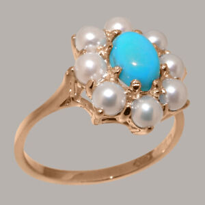 14k Rose Gold Natural Turquoise & Cultured Pearl Womens Cluster Ring