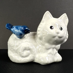 Vintage Cat Bird Figurine Small Planter Flower Vase Holder Enesco Korea Ceramic - Picture 1 of 8