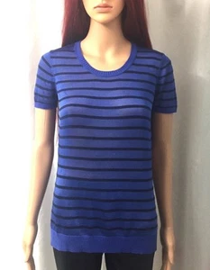 Isaac Mizrahi Live Blue Black Short Sleeves Sheer Striped Shirt Top Sz XXS - Picture 1 of 7