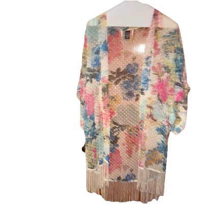 Womens Boho Kimono Off White Fringe One Size OS Lightweight Sheer Floral - Image 1 of 4