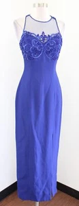 Vtg 90s Tiffany Royal Blue Mesh Sequin Beaded Open Back Formal Party Dress Sz 4 - Picture 1 of 12