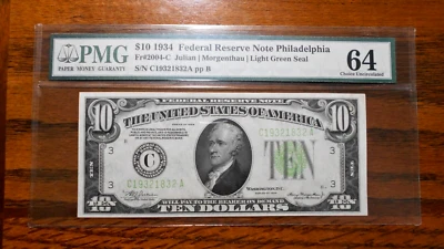 1934 $10 Federal Reserve Note 💲 Light Green Seal PMG 64 - Image 1 of 4