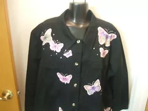 Quacker Factory Jacket Black Embroidered Beaded Butterflies Sz 2X Button Front - Picture 1 of 11
