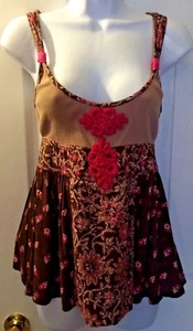 FREE PEOPLE Tibetan Garden Cami Brown Pink Beaded Tank Top Shirt Keyhole Sz S - Picture 1 of 8