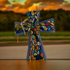 Handmade Fused Glass Dichroic Cross With Lilac Background. - Picture 1 of 2