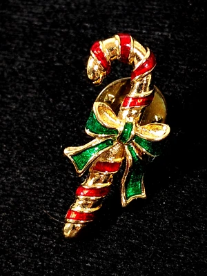 Bastón de caramelo de Navidad vintage Avon tono dorado rojo verde arco pequeño PIn Foto 1 de 4