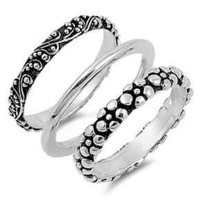 Sterling Silver Woman's Bali Plain Nugget 3 Ring Set Beautiful Band Sizes 3-14 - Picture 1 of 2