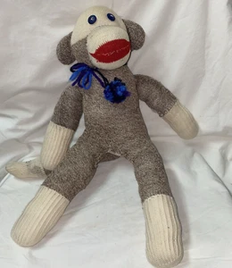 vintage handmade red heel stuffed plush Sock Monkey doll 18" blue poms & eyes - Picture 1 of 12