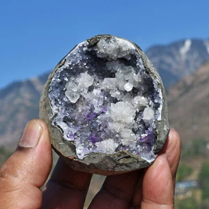 CALCITE ELESTIAL CRYSTAL CLUSTERS ON AMETHYST QUARTZ MATRIX HIMALAYAN ICE GEODE - Picture 1 of 10