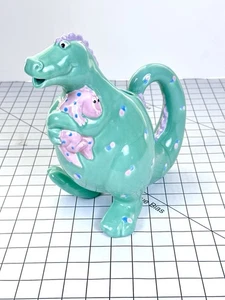 Vintage 1986 Fitz and Floyd Green Pink PolkaDots Dinosaur Pitcher - Picture 1 of 6