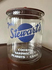 Vtg STEWART’S FRESH COOKIES PEANUTS CANDY Counter Display Glass Jar, Red Tin Lid - Picture 1 of 11