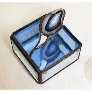 Neal Hearn Fused Agate Blue Glass & Copper Box Signed/ OOAK Trinket Box - Picture 1 of 10