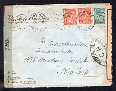 FRANCIA Antibes 1944 Doble Cubierta Censurada a EE. UU. Foto 1 de 2