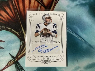 Tarjeta de novato 2014 National Treasures Jimmy Garoppolo doble reliquia autógrafo.../35 Foto 1 de 4
