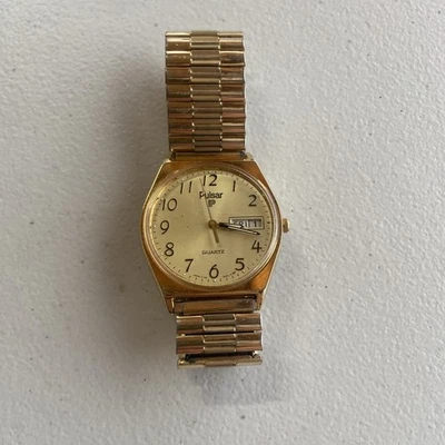 Vintage Pulsar Watch Men 34mm Gold Dial Gold Tone Daydate Y148-8009 - Image 1 of 4