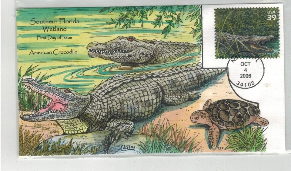 2006 COLLINS HANDPAINTED SOUTHERN FLORIDA WETLAND AMERICAN CROCODILE & TURTLE - Image 1 of 1