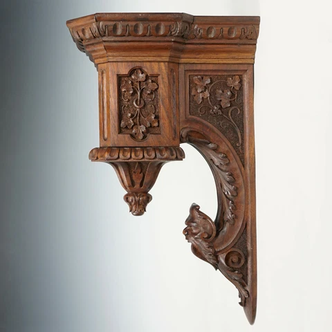 Antique Neo Gothic Carved Wood Wall Shelf Console Bracket Corbel Mascaron Face Cover
