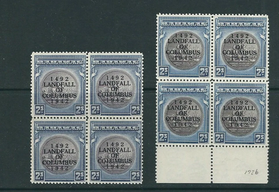 BAHAMAS 1942 LANDFALL of COLUMBUS (GIBBONS 172 and 172b) VF MNH blocks of 4  - Image 1 of 1
