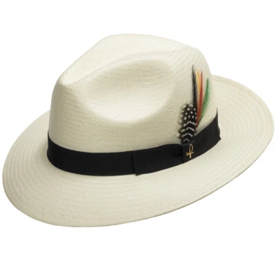 Ultrafino Fedora GULLPORT Classic Straw Panama Hat Exotic Feather - Image 1 of 4