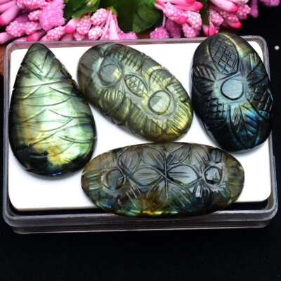 4 Pcs Natural Labradorite 38mm-49mm Hand Carving Flashy Untreated Gemstones Lot - Image 1 of 4
