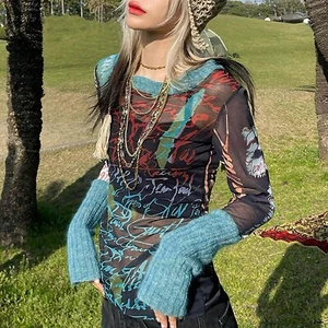 Camiseta top informal con estampado de malla manga larga cuello redondo para mujer - - Imagen 1 de 17