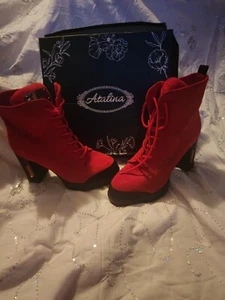 Atalina ADY7036 rote Wildlederimitat hoher dicker Absatz Schnürstiefelette Größe 9 - Bild 1 von 8