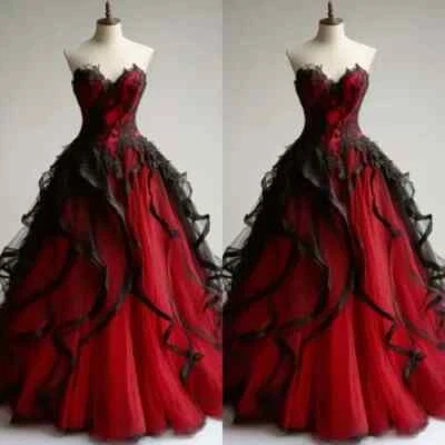 Vestidos de noiva góticos pretos vermelhos sem mangas babados apliques de renda vestidos de noiva - Imagem 1 de 4