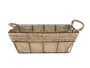 Rustic Farmhouse Burlap Lining With Rectangular Basket Metal Wired Cottage - Picture 1 of 5