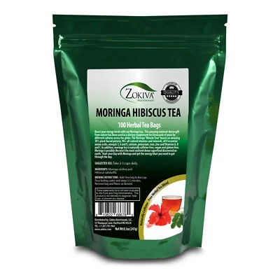 ZOKIVA NUTRITIONALS Moringa Hibiscus Tea Bags Mega Pack (100) Naturally Caffeine-Free Herbal Tea