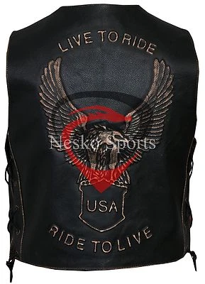 Chaleco de cuero de motociclista Live to Ride Eagle en relieve marrón envejecido con tachuelas de piel de vaca Foto 1 de 4