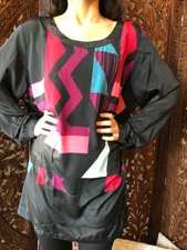 Boho Gypsy Hippy Tunic Shirt, Oversized Black Pink Geometric Print Blouse M 