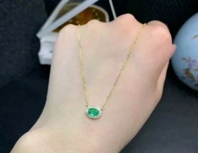 1.20 Karat Ovaler Labor Erstellt Smaragd Anhänger Mit 18 " Kette IN 14k Gelbgold - Bild 1 von 4