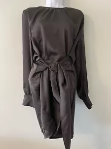 PRETTY GARDEN 2023 NWT Black Satin Dress L Wrap Tie Waist Party Work Dress - Picture 1 of 12