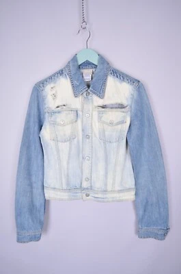 Jaqueta jeans Versace azul branca logotipo grande feminina tamanho XS luxo - Imagem 1 de 4