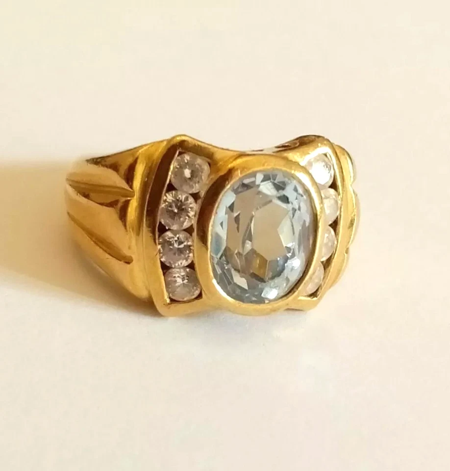 anello oro giallo 18ct donna topazio azzurro ovale 8 zirconia conica laterali - Immagine 1 di 2