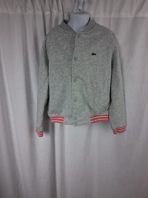 Lacoste Jacket Youth 10 Gray Snap Button Bomber Varsity Striped Rib Fleece Logo - Image 1 of 4