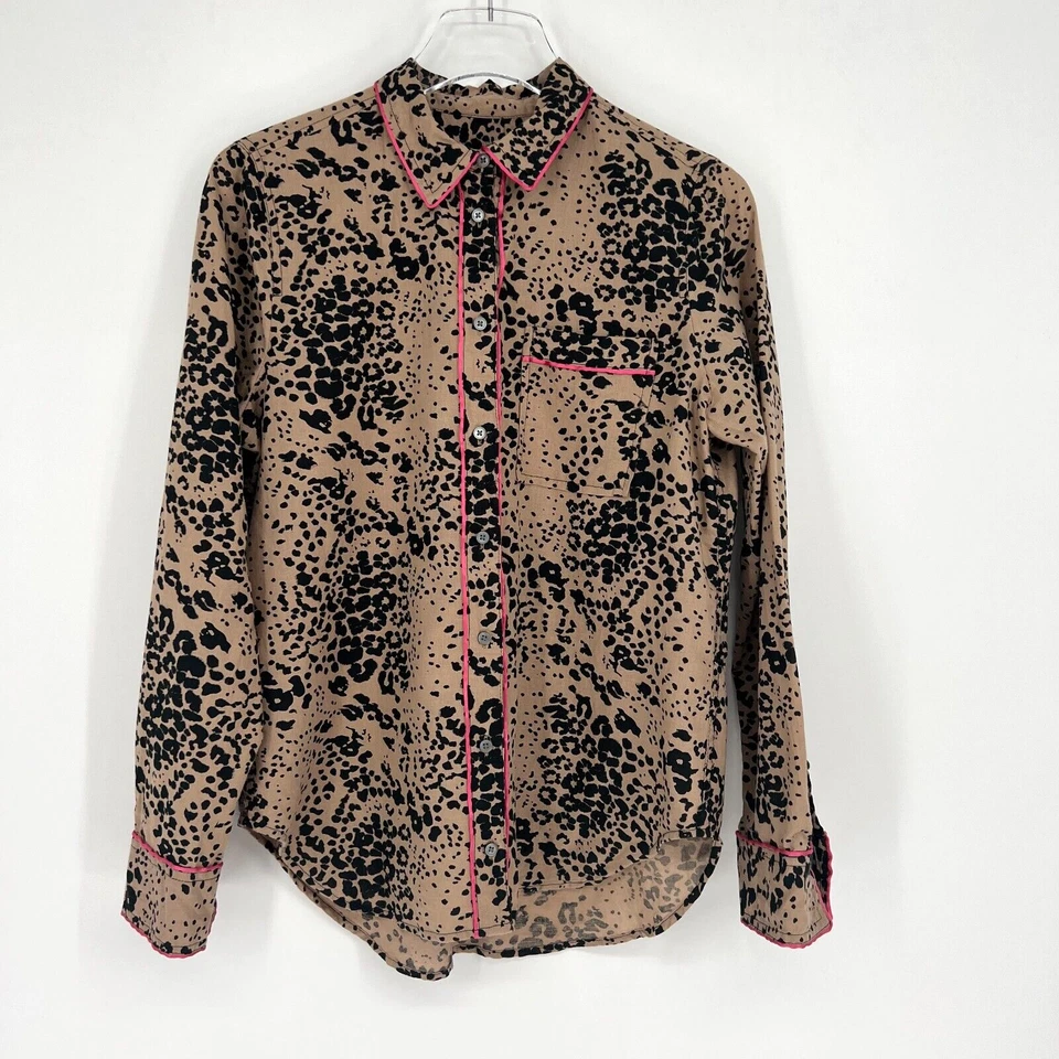 J.Crew Blouse Women's S Leopard Print Button Up Collared Long Sleeve Pink Piping - Image 1 of 4