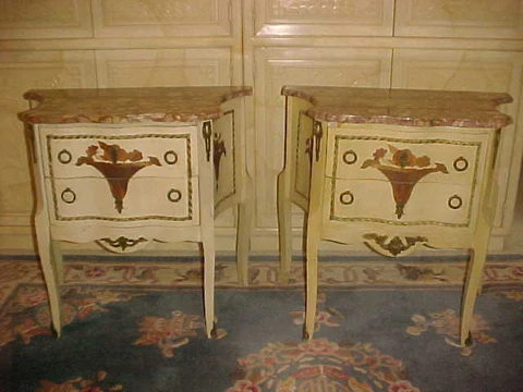 PAIR OF LOUIS XV STYLE WOOD INLAID VASE COMMODES WITH MARBLE EARLY 20TH CENUTRY Cover