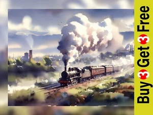 Steam Train Journey 5"x7" Print on Matte Paper | Nostalgic Railway Watercolor - Picture 1 of 16