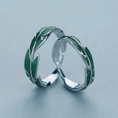 2pcs/set Fashion Leaf Enamel Promise Ring Couple Adjustable Love Jewelry Gift - Image 1 of 4