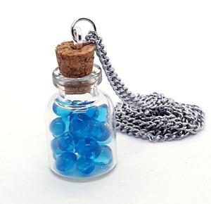 Unique TUMBLED BLUE GLASS NECKLACE handmade GLASS turquoise BOTTLE miniature