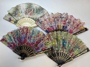 Lote de 4 abanicos plegables españoles vintage escena victoriana flores negro blanco - Imagen 1 de 6