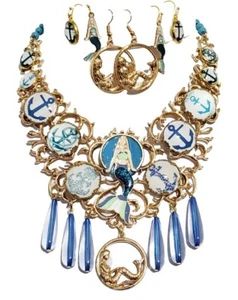 Collar Pechera Esmaltado Sirena Anclas Hecho a Mano 3 Pendientes Únicos en su Tipo - Imagen 1 de 7