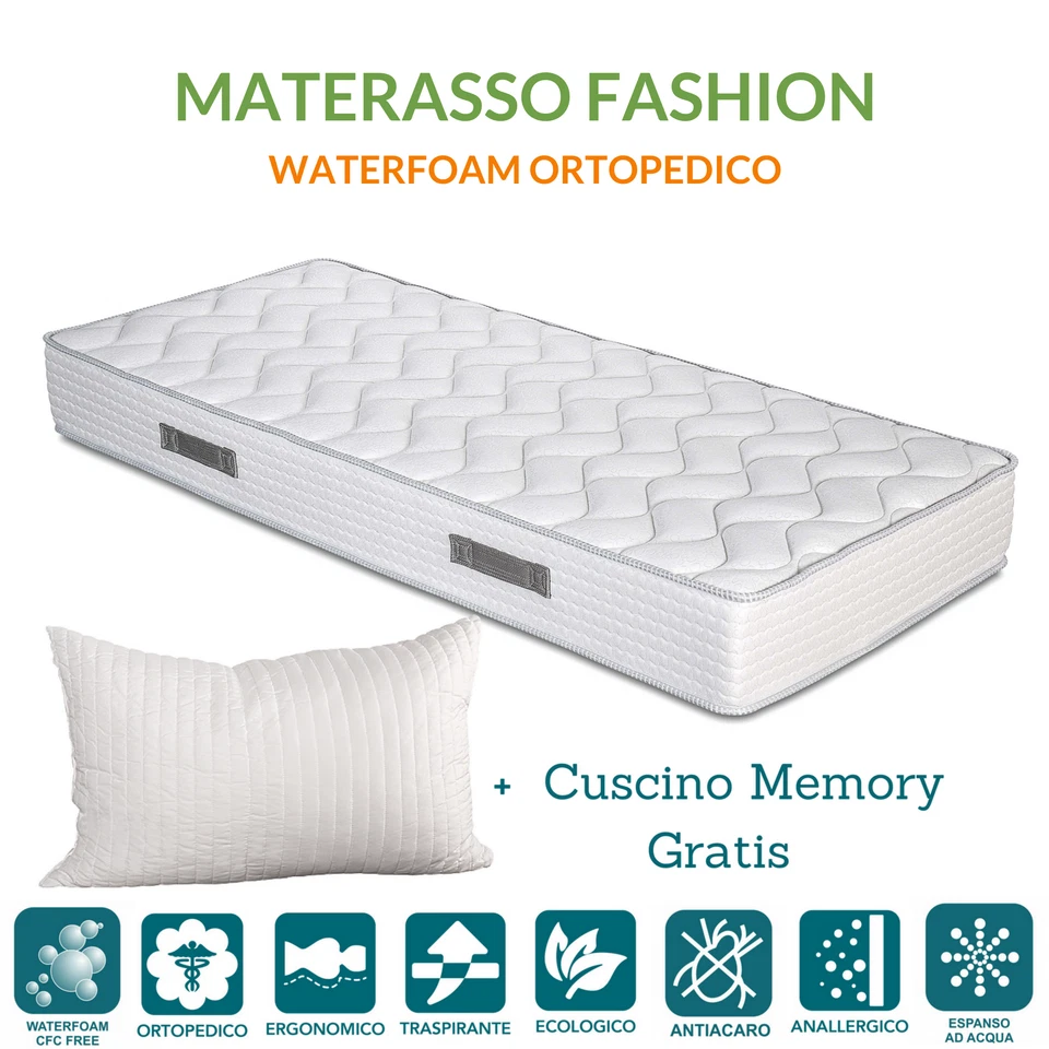 Materasso in Waterfoam Ortopedico Ergonomico H20 cm + Cuscini Memory Foam GRATIS - Immagine 1 di 4