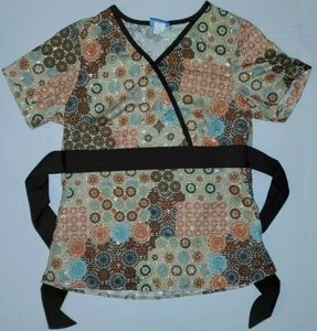 Ilan by Barco Women's Mock Wrap Scrub Top Size M Kaleidoscope Orange, Tan, Blue - Picture 1 of 3