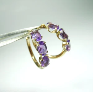 10k YELLOW GOLD 3 OVAL PURPLE AMETHYST STONES HOOP ROUND EARRINGS - Picture 1 of 16