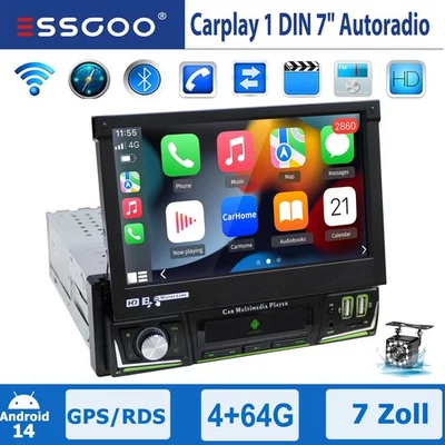 1 DIN Android 14 Mit Apple Carplay 4+64G Autoradio GPS BT RDS WIFI USB AUX + KAM - Bild 1 von 4