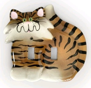 Cat Ceramic Double Light Switch Plate Cover Handpainted - Picture 1 of 4