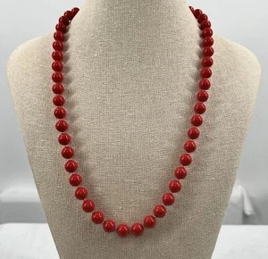 Vintage Plastic Red Beaded Retro 11" Necklace Costume Jewelry Hand Knotted - Picture 1 of 5