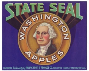Original STATE SEAL half box apple crate label Pacific Fruit Produce Seattle WA - Picture 1 of 1